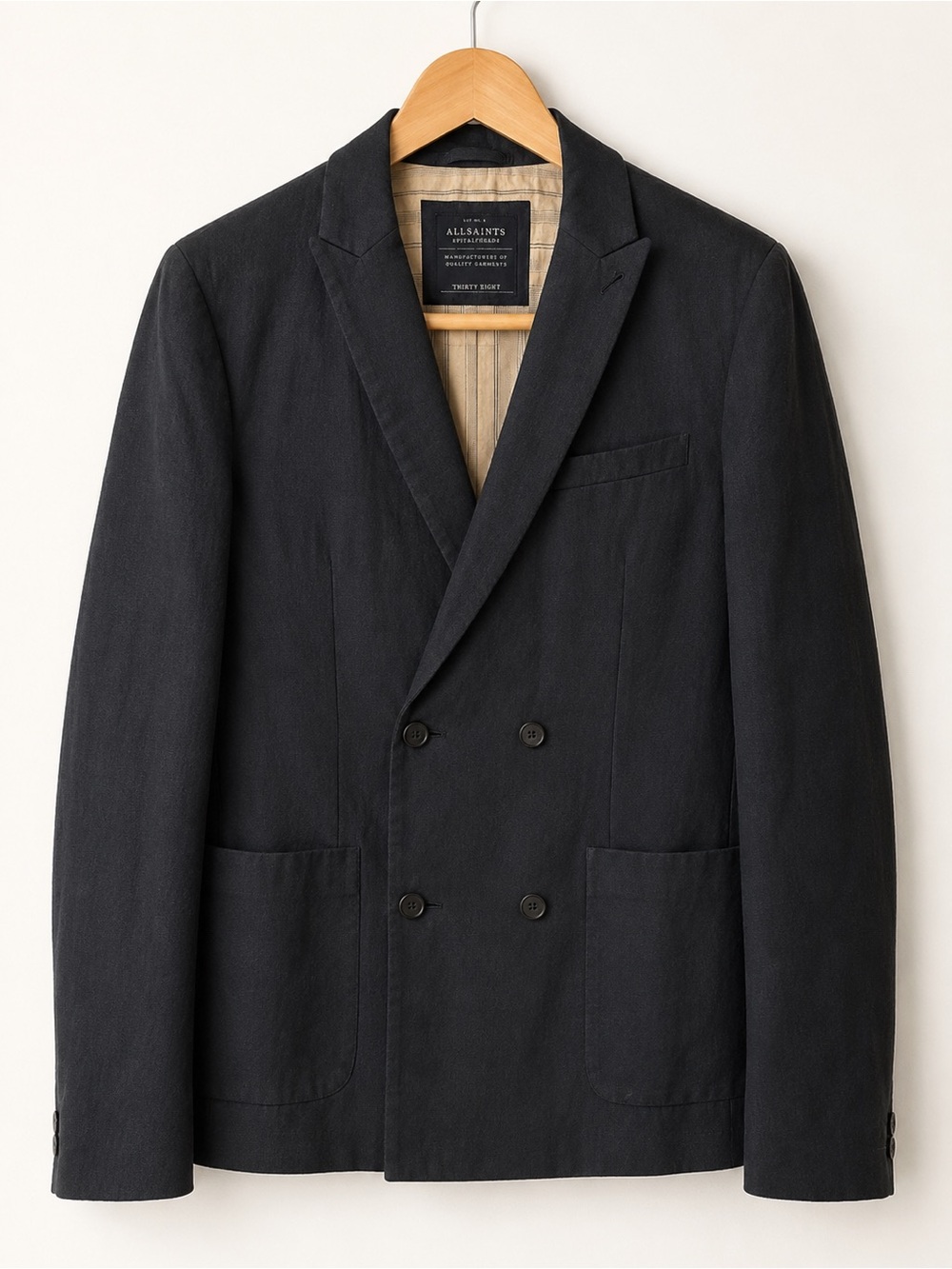 ALLSAINTS Thirty Eight Double Breasted Linen Blend Blazer Jacket 38 Navy Slate